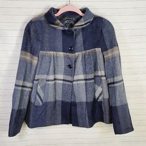 ZARA BLUE PLAID WOOL BLEND CROPPED PEA COAT, SZ SMALL
